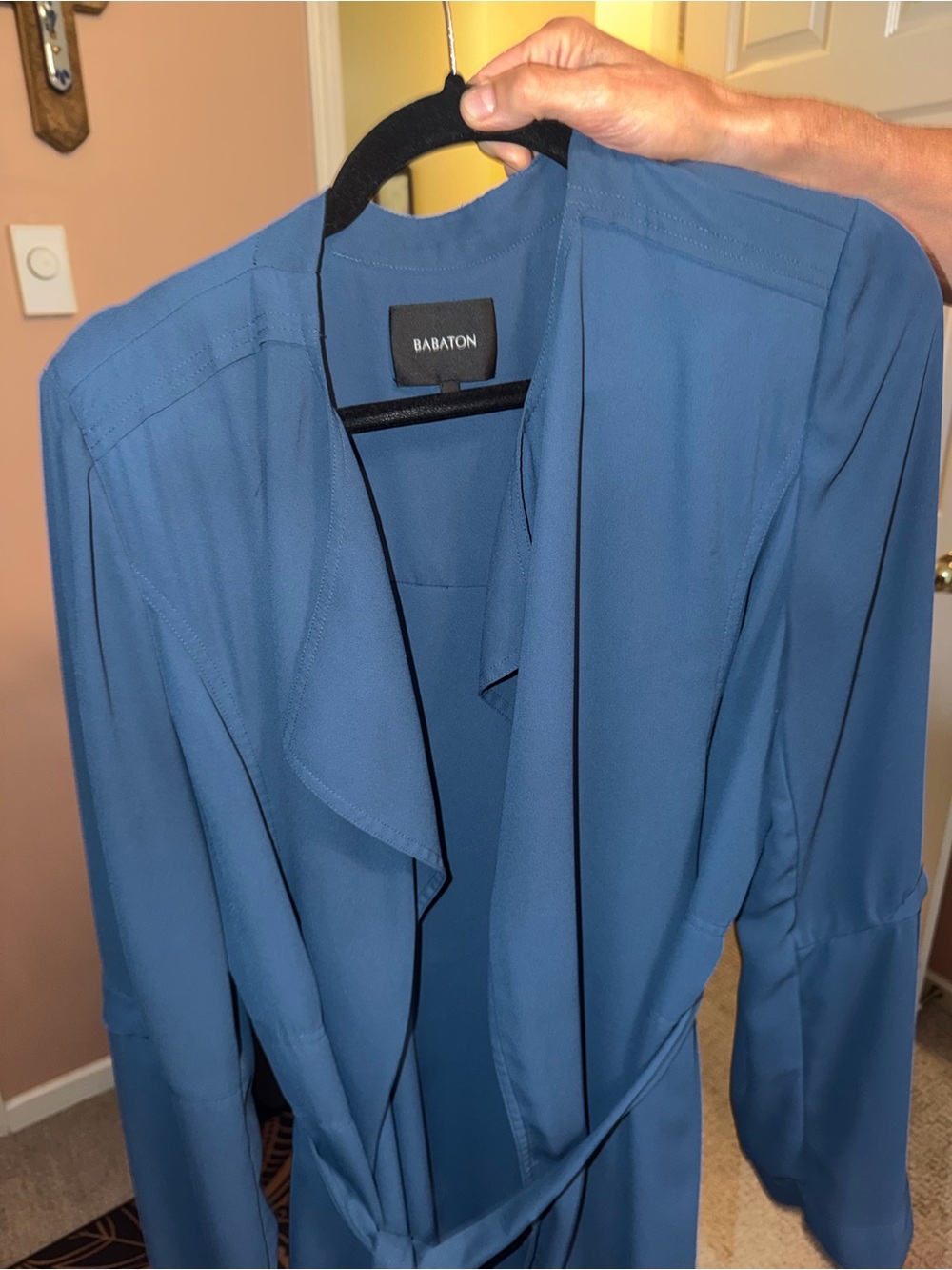 Babaton Denim-Blue Draped Trench Coat with Self-Tie Waist